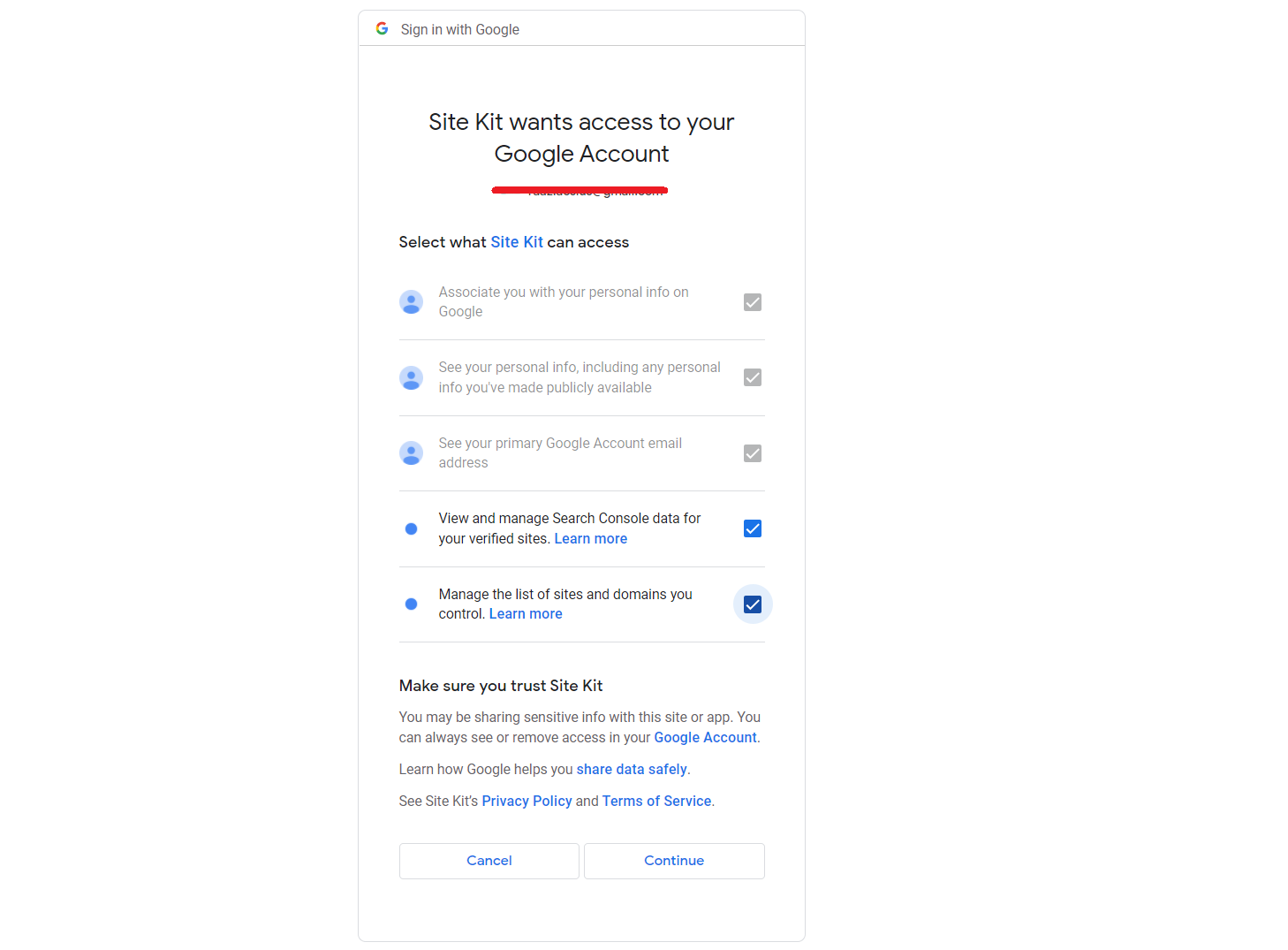 allow Site Kit access 